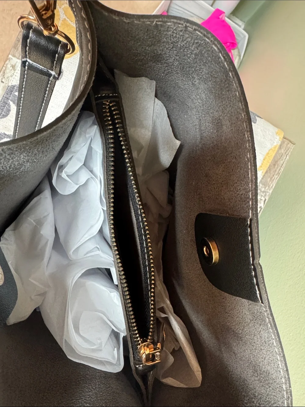 Black Women's Bucket Bag with Gold Hardware